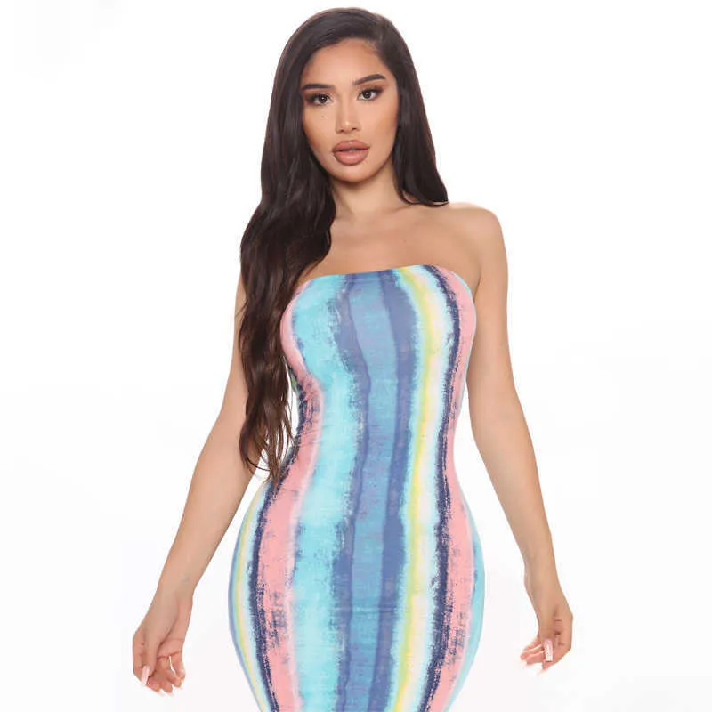 Kvinnor Casual Dresses Sommar Sexig Wrap Bust Long Kirhirt Fashion Tie Dye Skriv ut Axel Strapless One Piece Dress