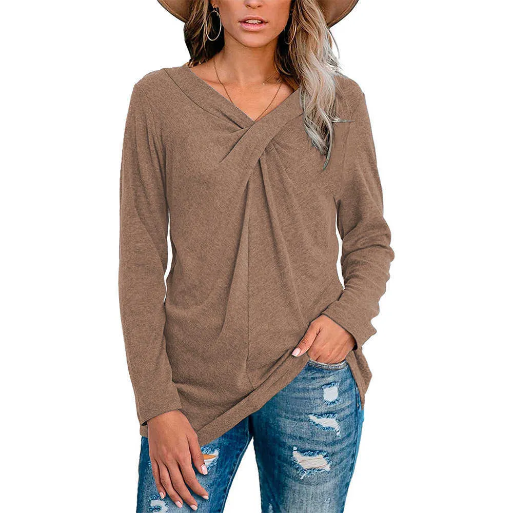 Women's Tshirt Tops Spring Autumn Casual Soft Solid Color Neckline Kink Long Sleeve T-shirt Large Size V Neck Female 210526