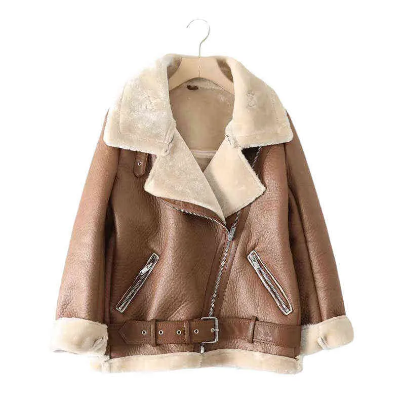 Za Pelz Langarm Lose Gürtel Warme Damenjacke Lammwolle Winter Verdickte Lokomotive Revers Weiblicher Mantel Beige Schwarz Chic PU 211105