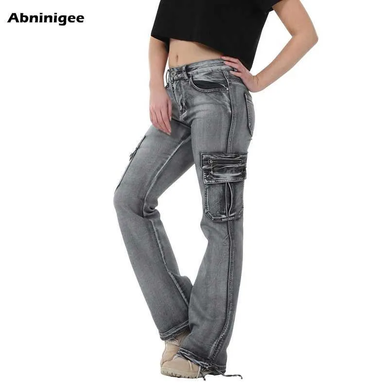 Jeans Femme Taille Haute Jambe Large Y2K Cargo Flare Vintage Casual Multi Poche Lavé Denim Bell Bottom Pantalon Plus Taille 210809