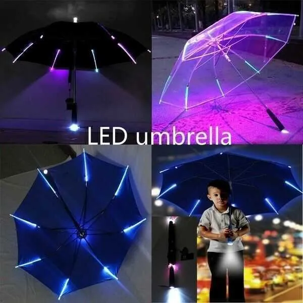 Parapluie Variable Cool avec LED, lumière à 8 nervures, Transparent avec poignée de lampe de poche, sécurité nocturne H1015209x