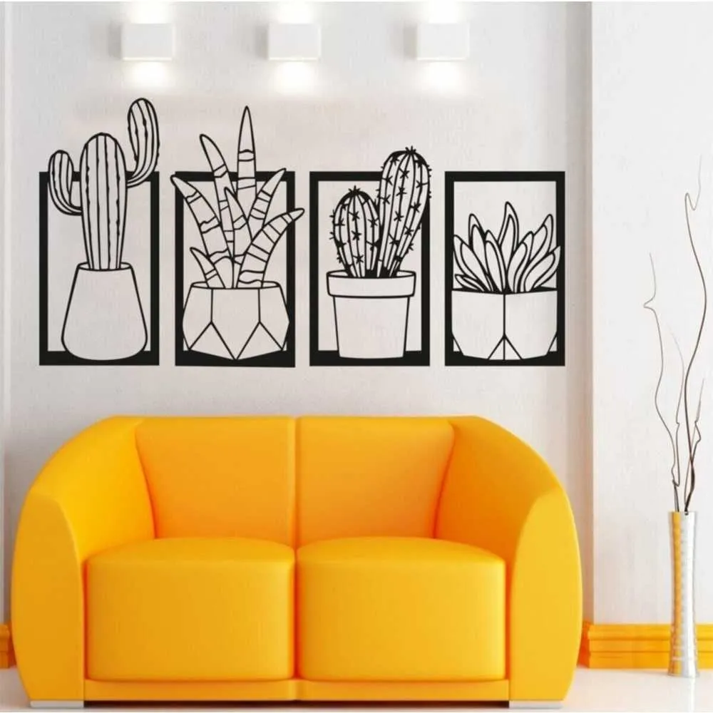 Décoration murale en bois Vase à fleurs de cactus Noir Couleur Découpé au laser Nature moderne Désert Bureau à domicile 3D Creative Élégant Salon Cuisine 210705