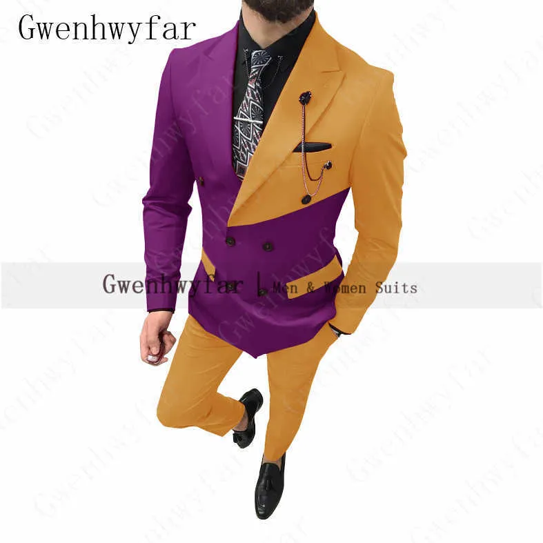 Gwenhwyfar 2ピースフォーマルメンズスーツのレギュラーフィットプロムスプライスカラーTuxedosビジネスジャケットの結婚式グルーミングブレザー+パンツx0909