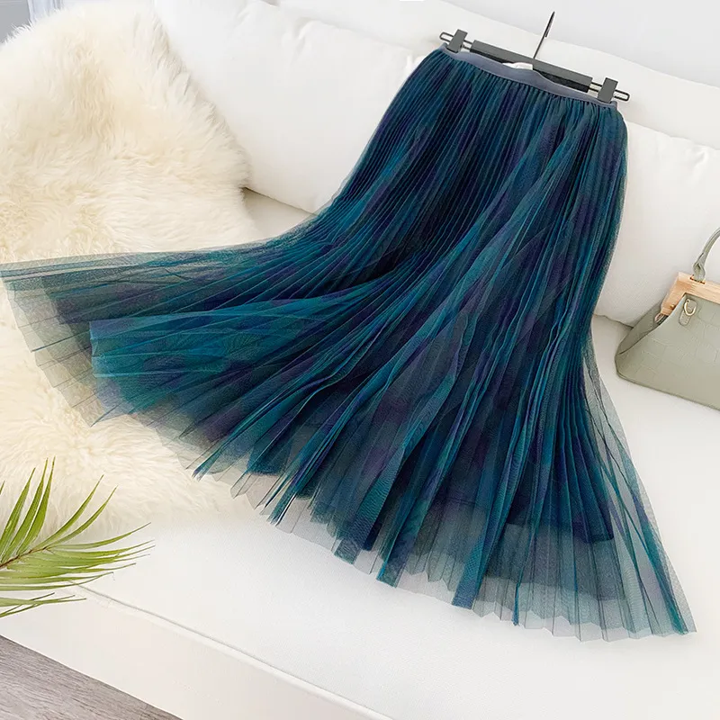 Qooth Cute Plaid Tulle Skirt Women Fashion Spring Summer Korean School Checked High Waist Pleated Maxi Skirt Female QH2227 210518