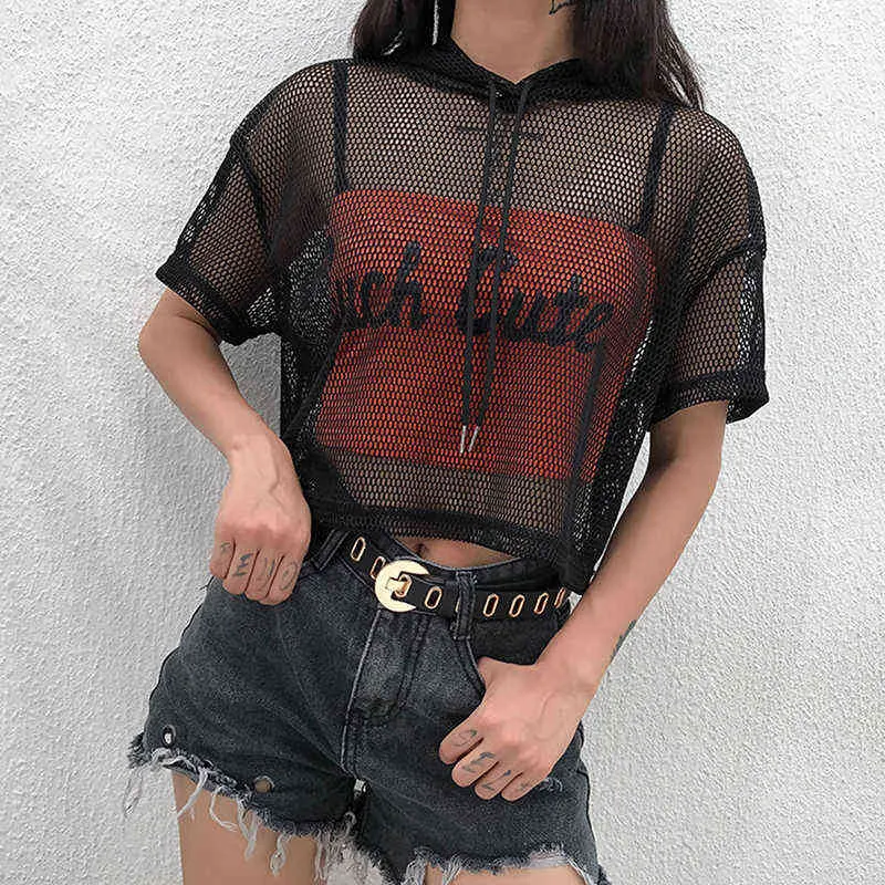 Korte Mouw T-shirt Dames Mesh Top Hooded Holle uitgehold Sexy Punk Rock Short Crop Top White T-shirt Fishnet Black G220228