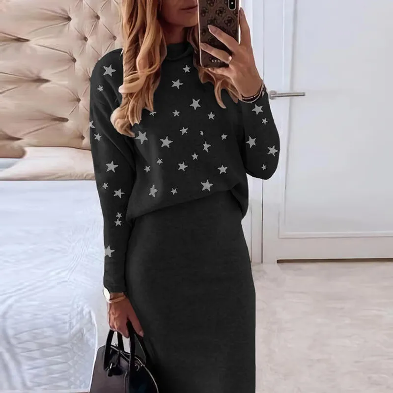 Jesienne spódnice Kobiety Zestaw Office Lady Moda Gwiazdy Druku Bluza Sweter i Bodycon Spódnica Outfits Winter Vintage 2 sztuk Garnitury 220302