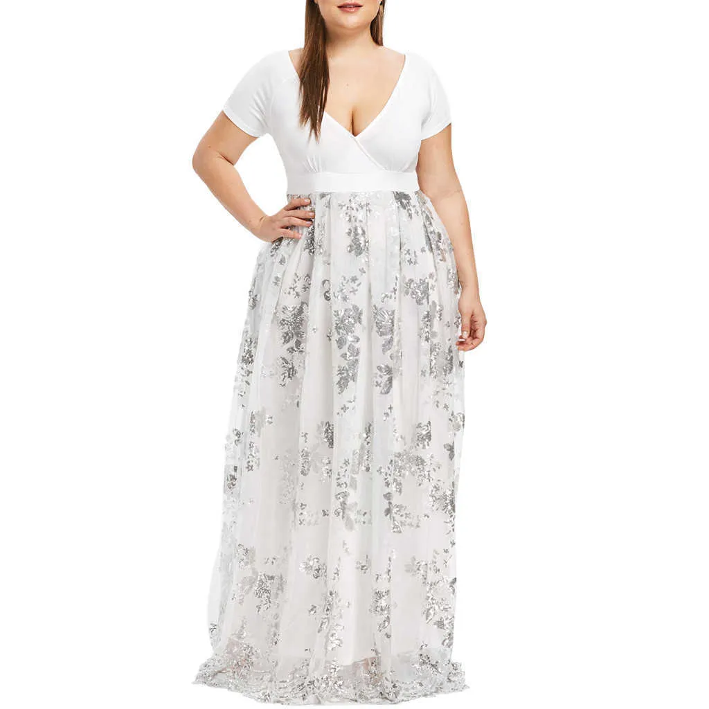 2021 femmes grande taille robe florale paillettes soirée robe en maille grande taille col en v à manches courtes fleur maille robe Y1006