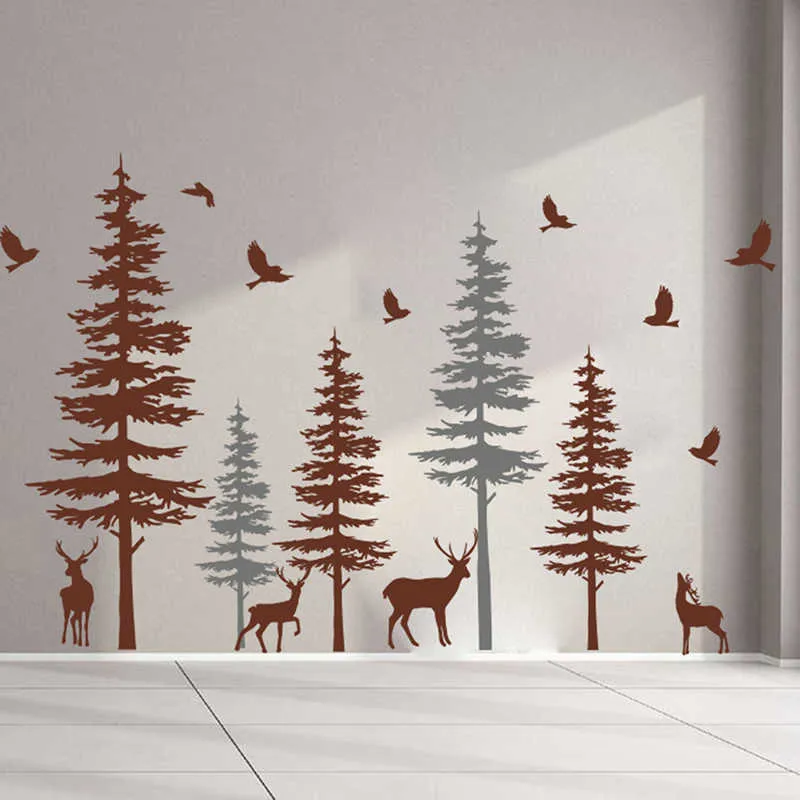 Large Pine Tree Deer Animal Wall Sticker Office Dorm Room Jungle Forest Deer Tree Birds Wall Decal Bedroom Nursery Vinyl Decor (4)