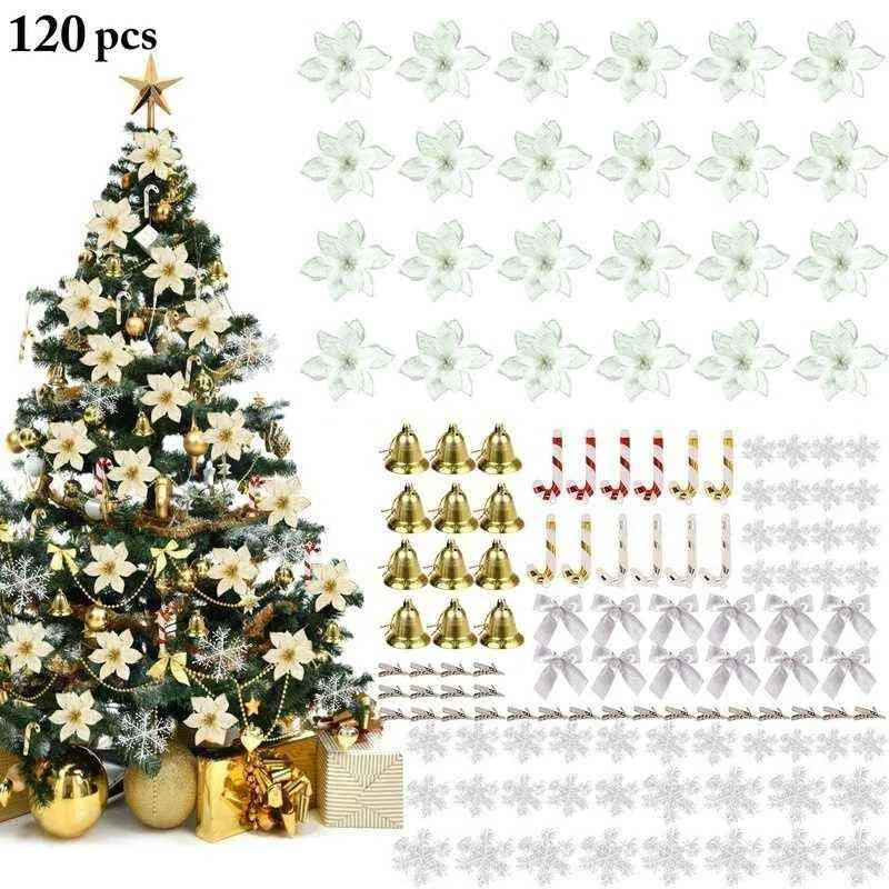 120 stks / Kerstboom Ornament Flash Artificial Flower Bow Bell Snowflake Kleine Cane Clip voor Kerstfeest Decoratie 211104