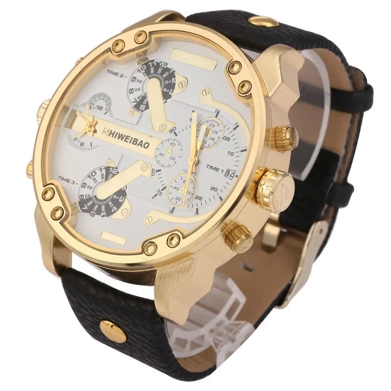 Zegarwatch marka Shiweibao Quartz zegarki Męskie Watch Fashion Watch skórzany pasek Złoty obudowa Relogio Masculino podwójne strefy czasowe wojsko 291J