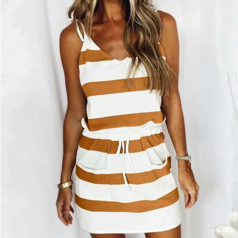 Women Fashion Sling Dresses Sleeveless V Neck Loose Casual Drawstring Striped Print Beach Mini Dress 210630