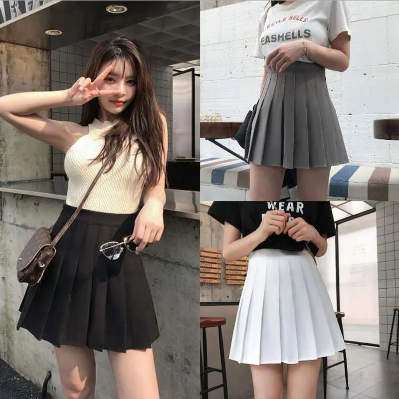 Summer Korean Skirt Pleated School Skirt Shorts High Waist Sexy Mini Japanese Skirt Black White Plus Size 210306