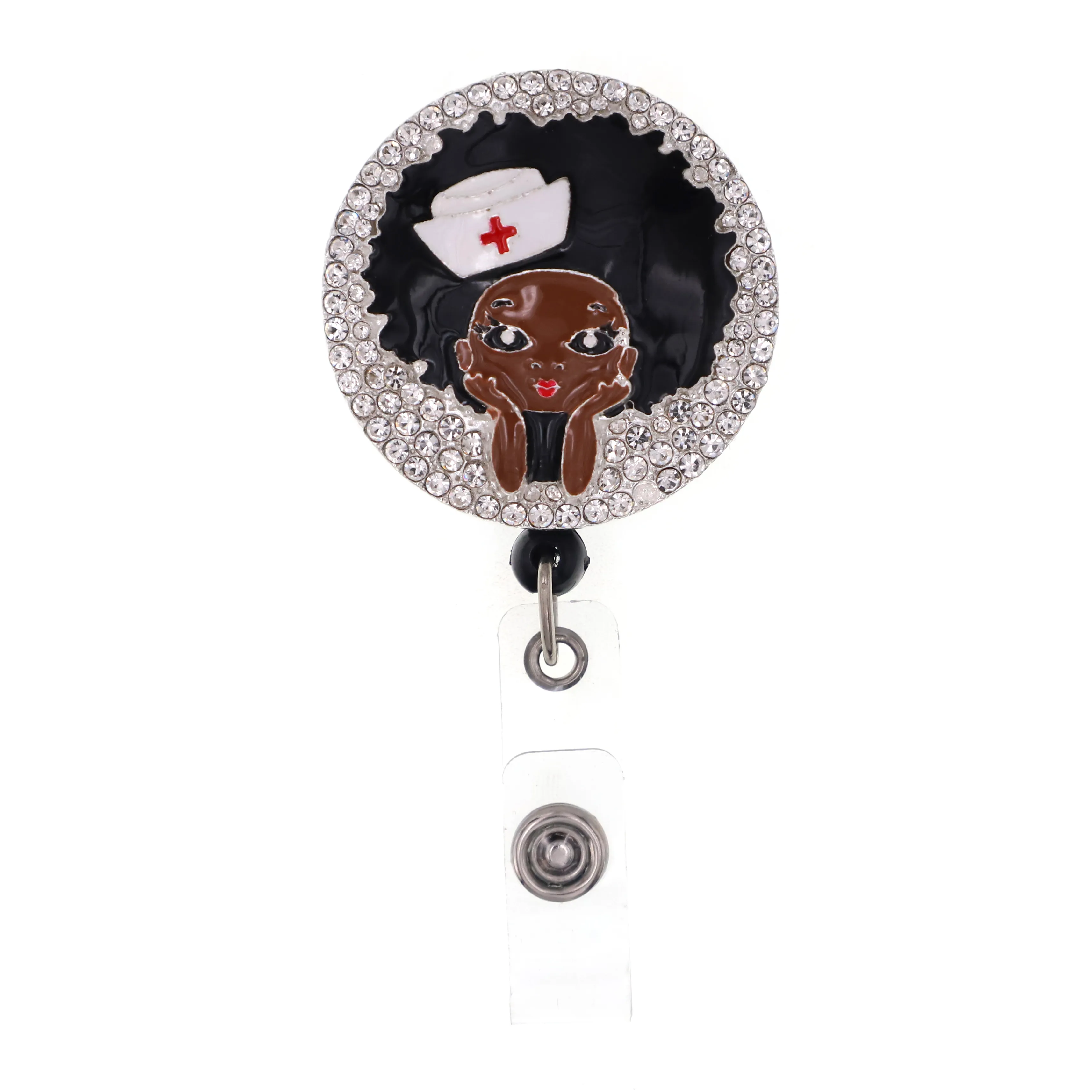 Newest Style Key Rings Black Girl Rhinestone Retractable ID Holder for nurse name accessories badge reel with alligator clip2832