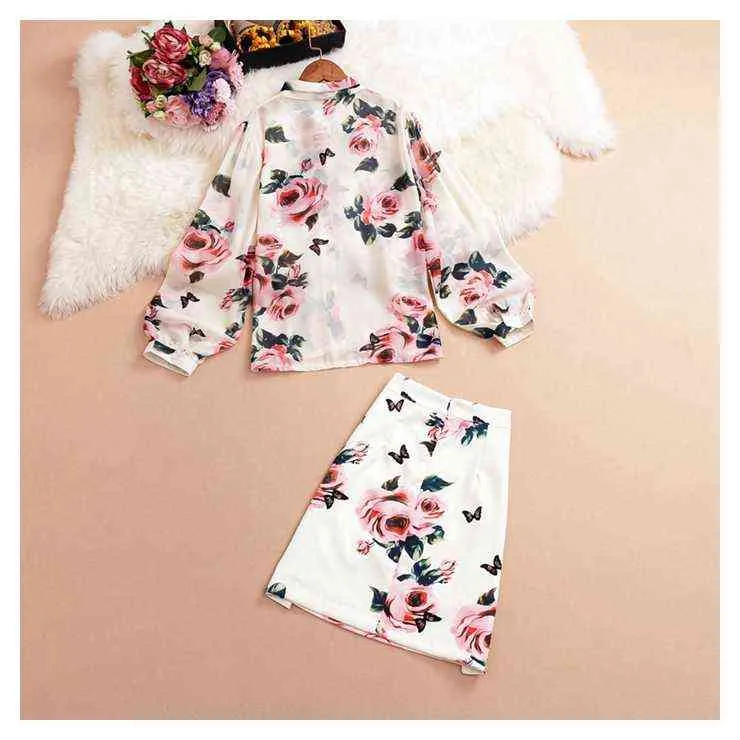 女性夏ピンクローズプリント2ピースセット甘い弓襟長袖シフォンシャツトップ+カラフルなボタンスカート211106