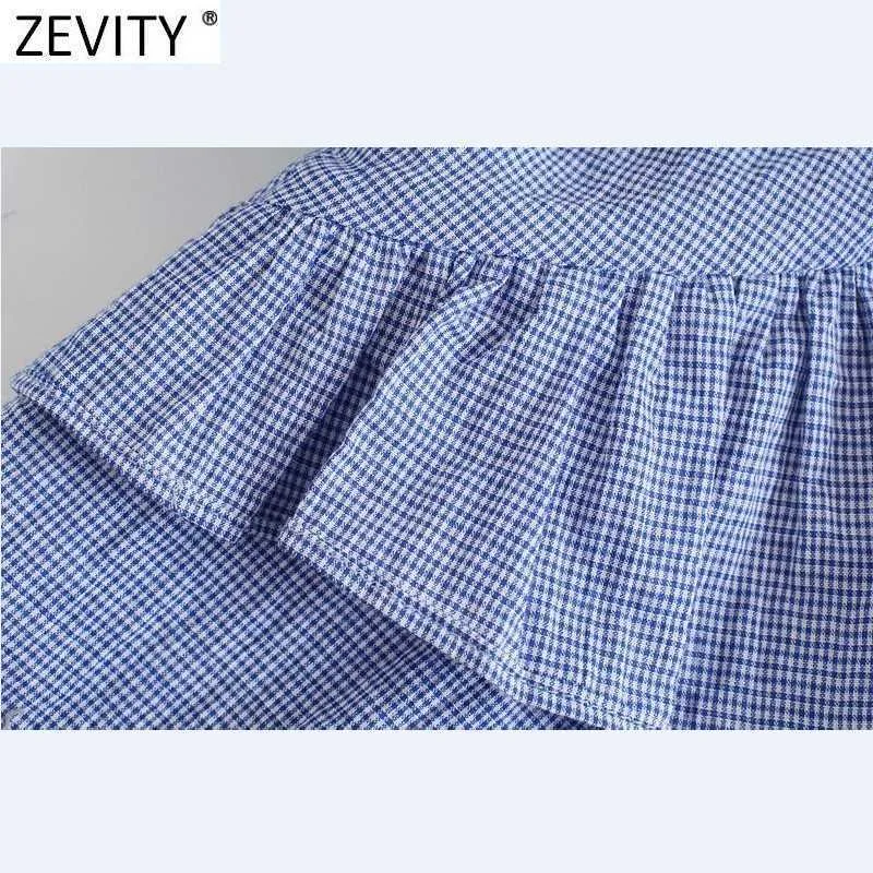 Zevity Women Vintage Square Collar Paski Print Krótki Bluzka Smock Panie Pleat Ruffles Casual Femininas Koszula Chic Topy LS9301 210603