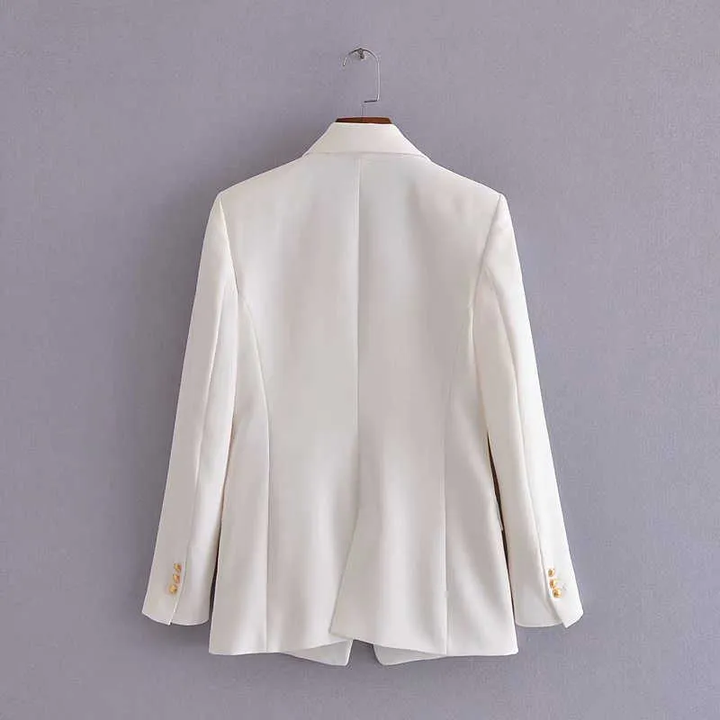 Za White Double Breasted Fitted Blazer Women Long Sleeve Shoulder Pads Slim Blazers Coat Woman Flap Pockets Outerwear Top 210602