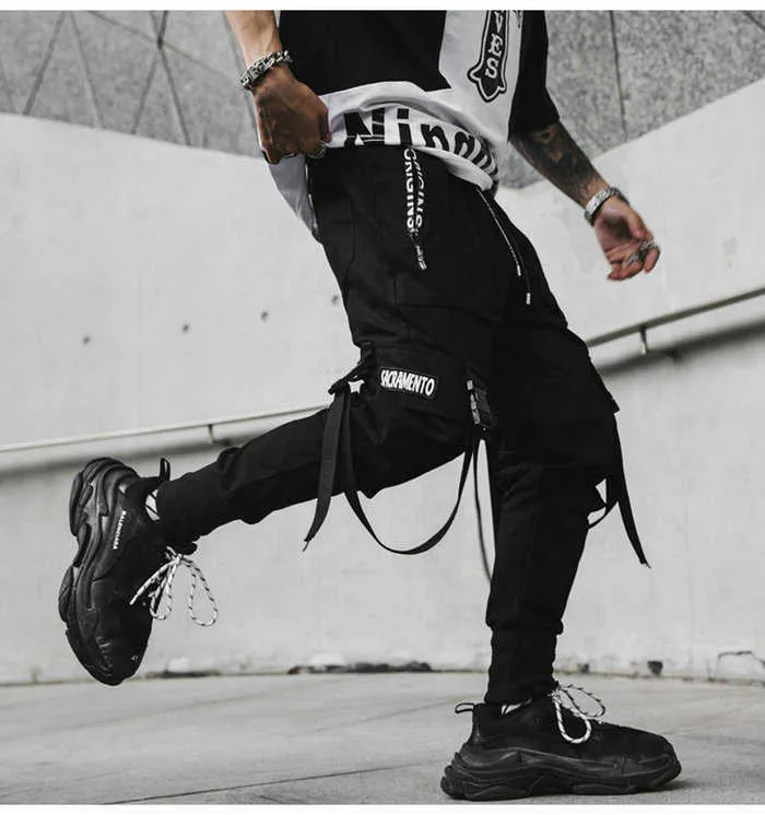 Spring Hip Hop Joggers Men Black Harem Byxor Multi-Pocket Ribbons Man Sweatpants Streetwear Casual Mens Pant 210714