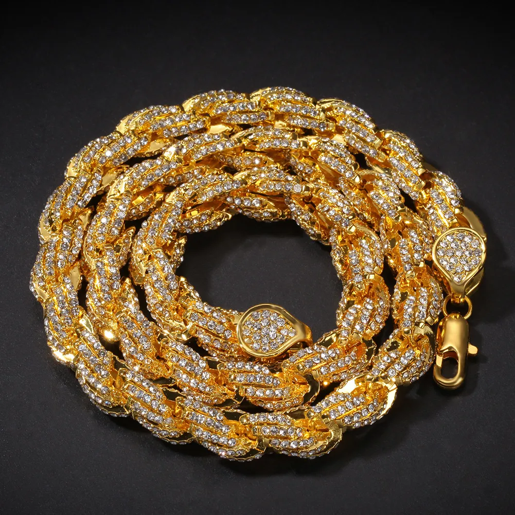 Hip Hop Jewelry 9mm Iced Link Prong Golden Chain Necklace Gold Plated Diamond Rhinestone Fashion Jewelry 18inch24Inch Chain 8446388