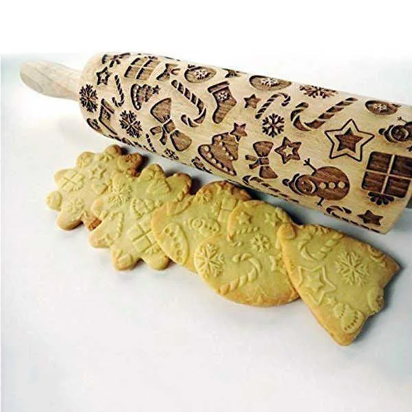 Kerstcadeau Patroon Embossing Rolling Pin voor DIY Keuken Gingerbread Cookies LB 211008