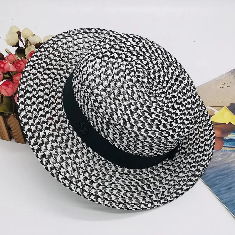 High-grade Summer Black White Plaid Wide Brim Flat Top Boater Hat Spring Women Grass Braid Sun Hat Party Wedding Formal Cap259A