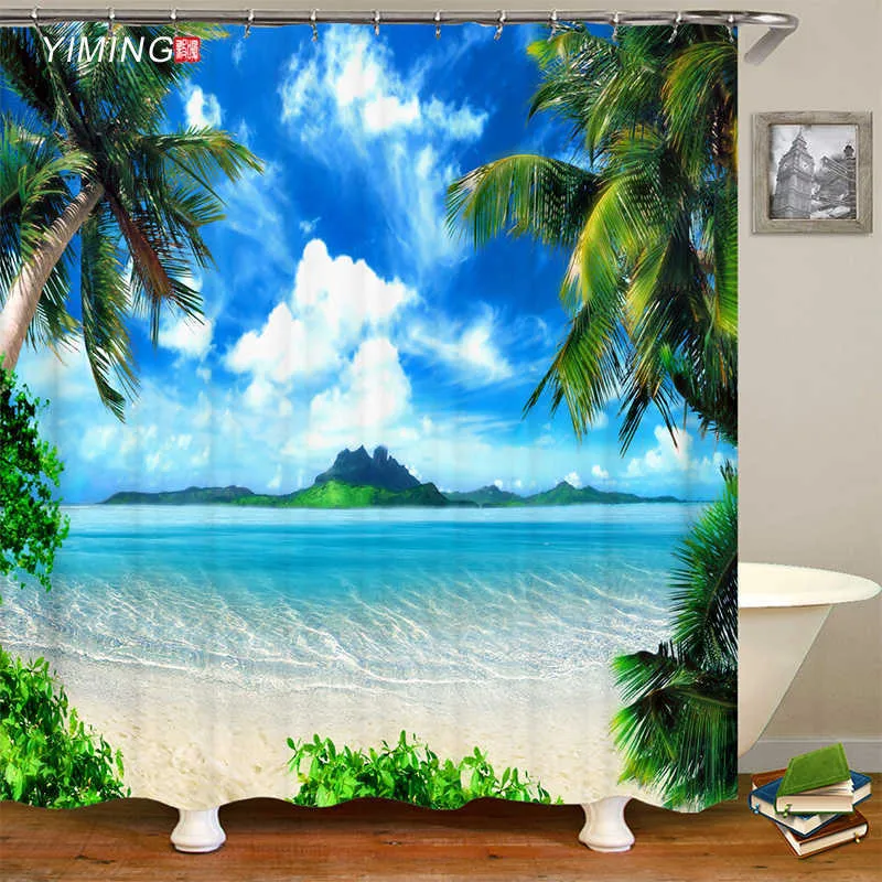 Różnorodność różnych Słonecznych plaży Sceneria nadmorski 3D Drukowanie Prysznic Curtain Poliester Wodoodporna dekoracja domu z hakiem 210915