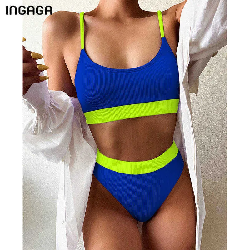 Ingaga High Waist Bikinis Swimsuit Push Up Swimwear Ribbed Strap Banhing Suit Biquini Brasil Bikini Beachwear 210621