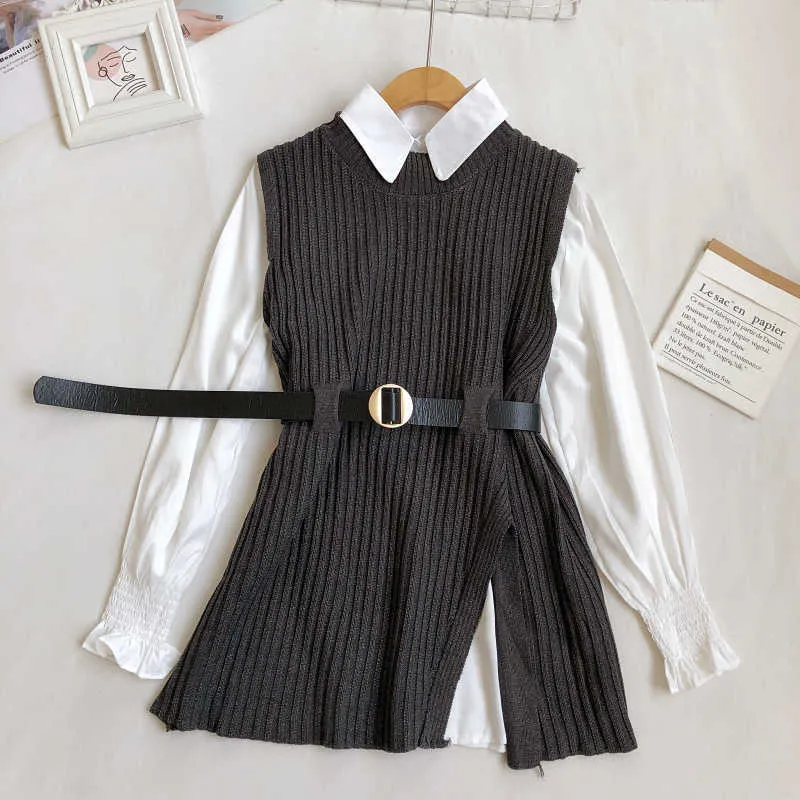 Woherb Korean Spring Autumn Women Knitted Sweater Vest + White Blouse Casual Belt Suit Two Pieces Set Office Lady Outfits 210917