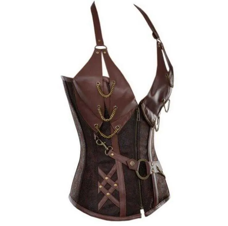 Erwachsene mittelalterliche Wikinger Piratenkostüm Frauen Gothic Ritter Korsett Halloween Cosplay Steampunk Leder Halfter Weste Metall Cuirass Y0827