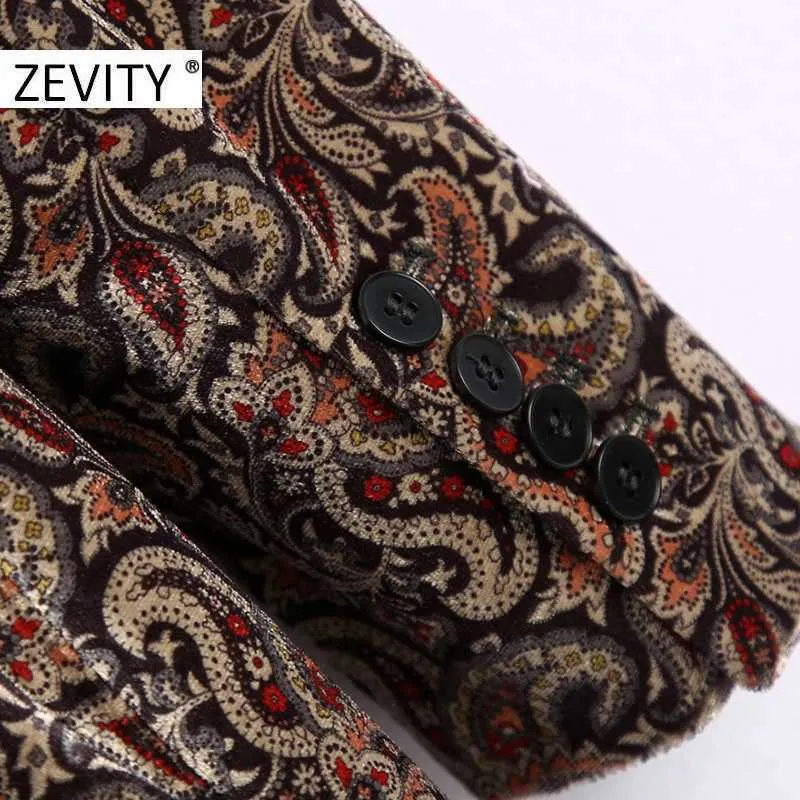 Zevity Mujeres Vintage Totem Flower Print Chic Business Blazer Oficina Damas Doble Botonadura Casual Outwear Terciopelo Traje Tops CT599 210603