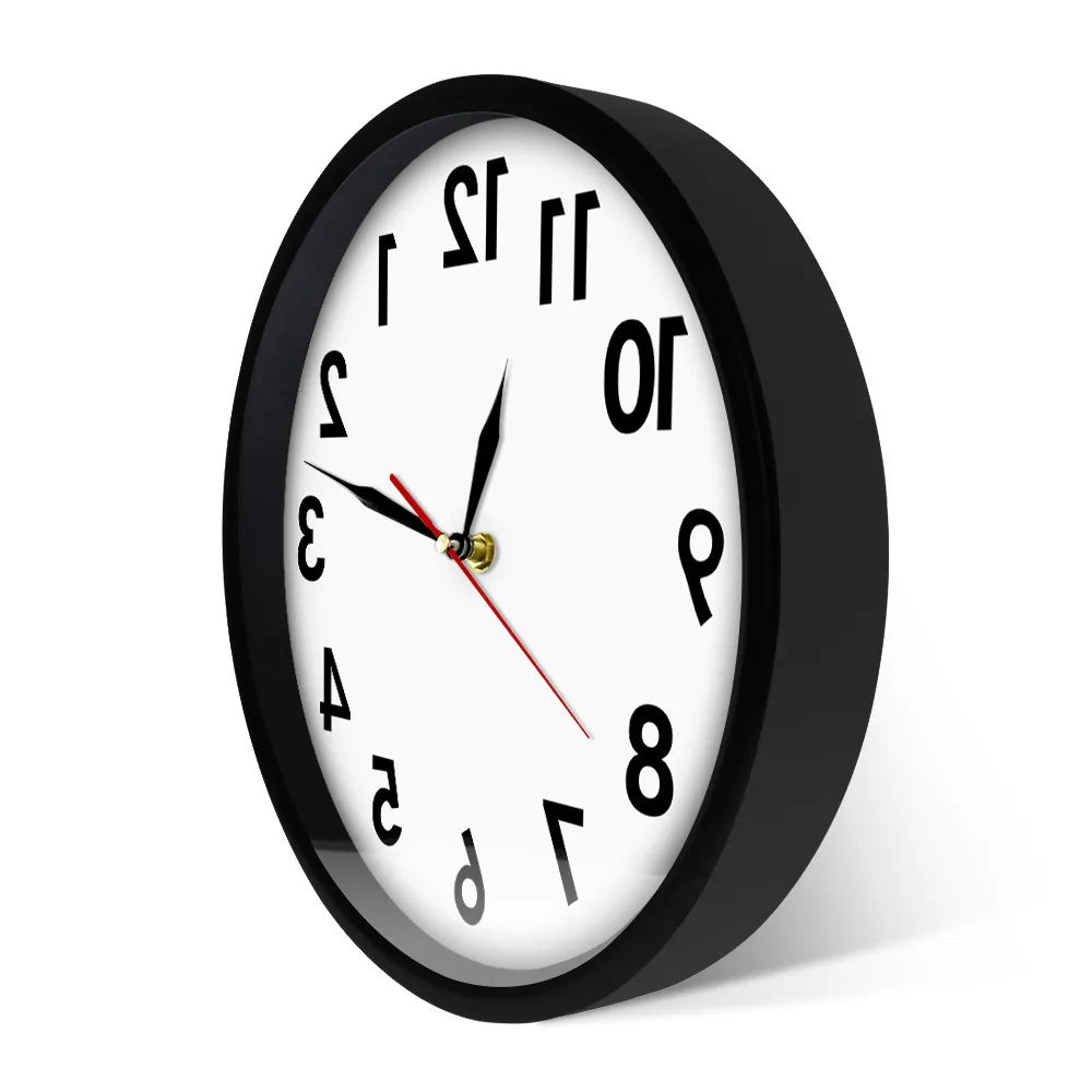 Odwrotny zegar ścienny Niezwykłe numery do tyłu Nowoczesne dekoracyjne zegar zegarek Zegarium Zegarek dla ściany 210310