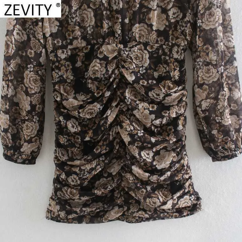 Zevity Donna Vintage O Collo Stampa floreale Mini abito pieghettato Donna Retro Golden Line Back Zipper Casual Slim Vestido DS4658 210603