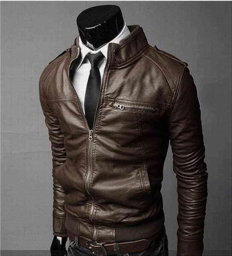 Zogaa Heren Pu Jas Motorcycle Jas Herfst Lente Kleding Mannelijke Casual Kleding Solid Business Coats Mannen Bruin Lederen Jassen 211111