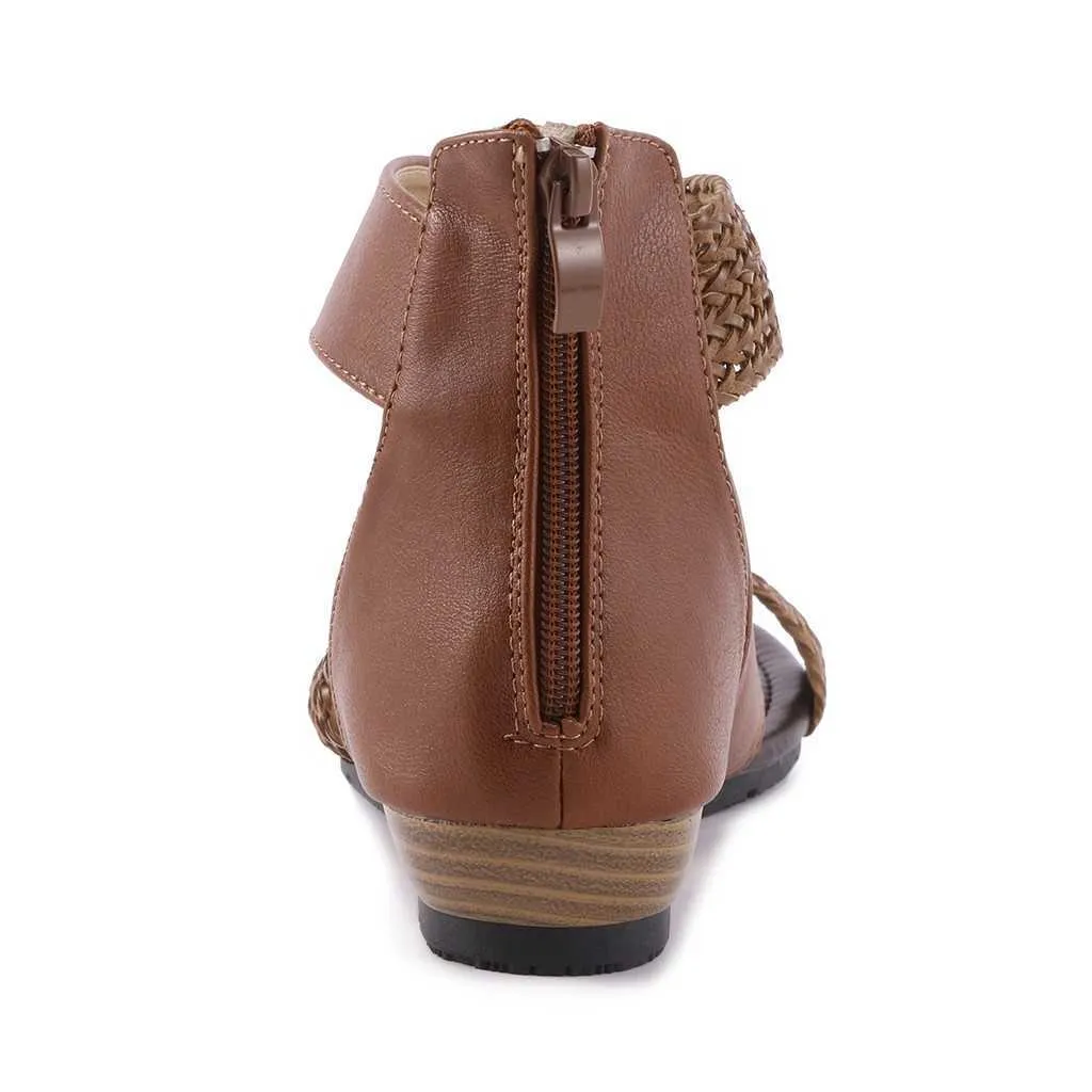 WDHKUN Fashion New Fish Mouth Leather Canvas Women Weave Wedge Heel Shoes Zipper Sandals Casual Beach Roman Y0721