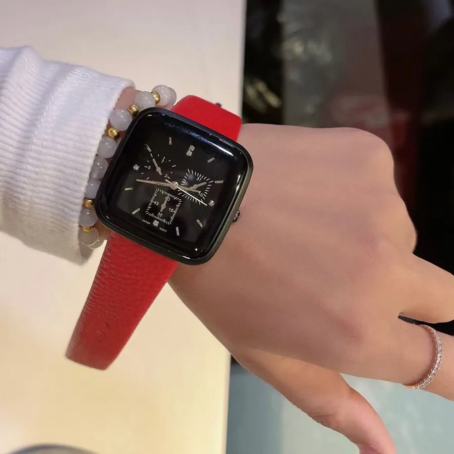 Brand Watches Men Women Ladies Girl 3 Dials Square Style Red Leather Strap Quartz Wrist Watch G117