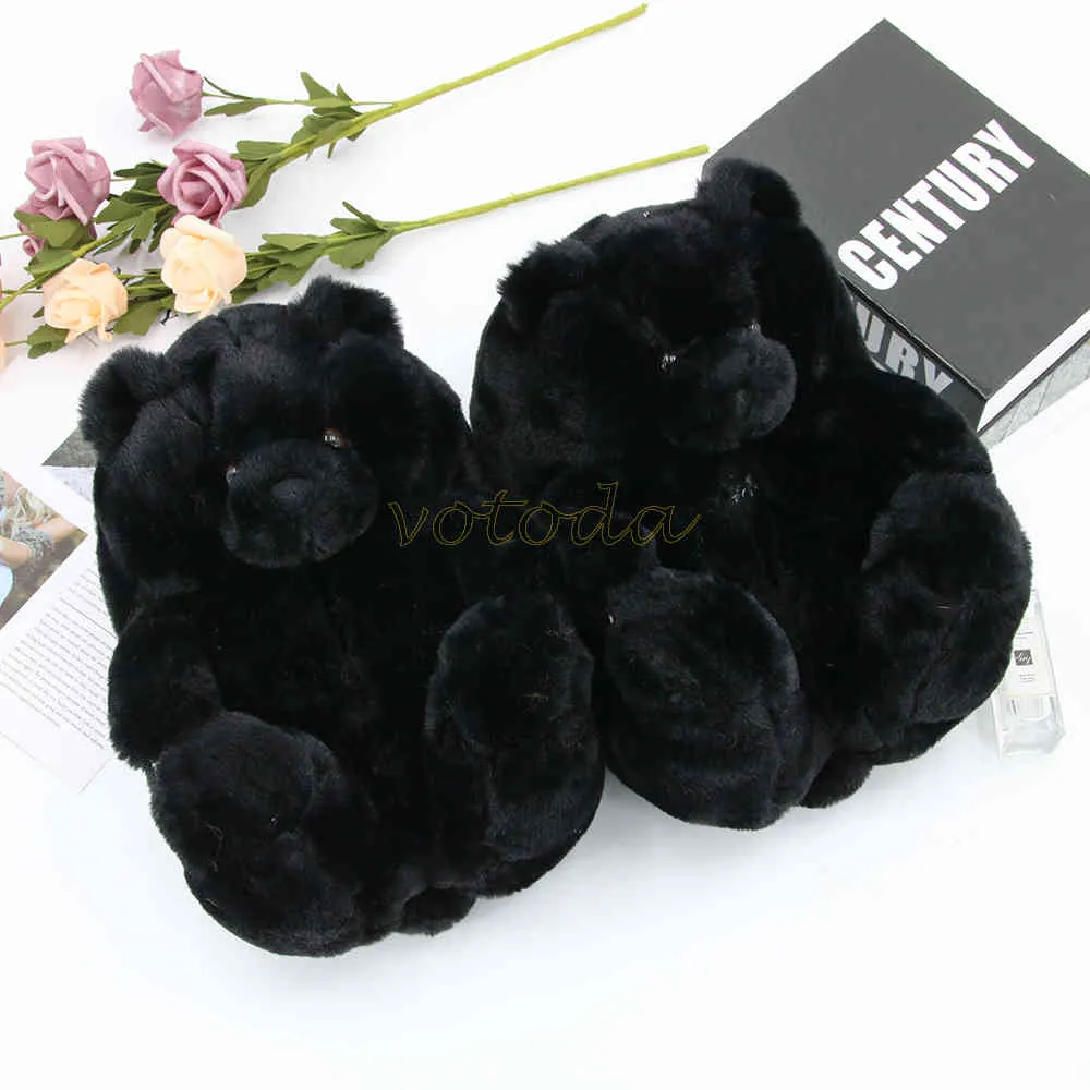 Ours en peluche pantoufles femmes chaussures moelleux fourrure maison peluche diapositives dames mignon raton laveur fausse fourrure tongs hiver chaud maison pantoufle