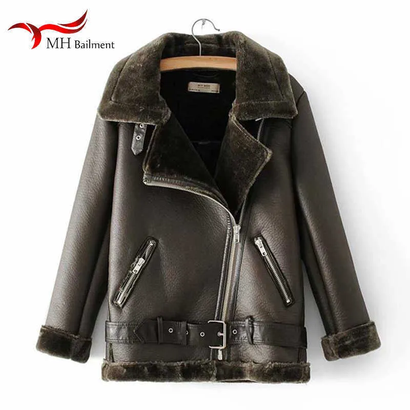 Faux Leder Jacke Winter Dicke Warme Wildleder Lamm Schwarz Outwear Weibliche Retro Revers Samt Fell Ein Mantel Frau 211007