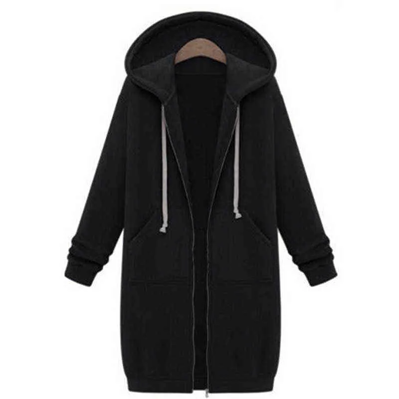 Autunno Casual Donna Felpe lunghe Felpa Cappotto Zip Up Capispalla Giacca con cappuccio Tasche invernali Capispalla Top 211108