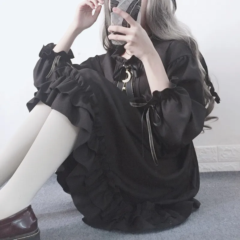 WOHERB Japanese Gothic Lato Szyfonowa Sukienka Kobiety Vintage Bow Bandaż Wzburzyć Czarny Lolita Dresses Vestidos Robe Femme 21664 210309