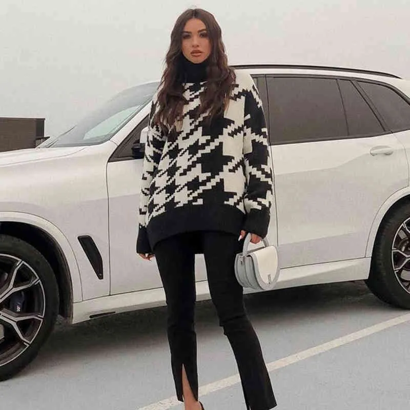 Uzun Kazak Elbise Sonbahar Kış Moda Houndsthooth Siyah Balıkçı Yaka Uzun Kollu Örgü Kazak Kadınlar için Giysileri Tops 211217