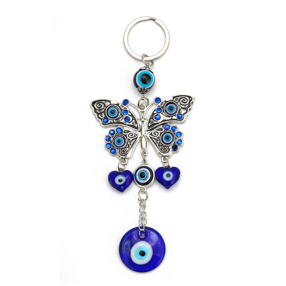 Butterfly breloki pierścionki Evil Eye Charms szklany brelok Fit kobiety dekoracja torba do domu brelok do kluczyków do samochodu biżuteria akcesoria