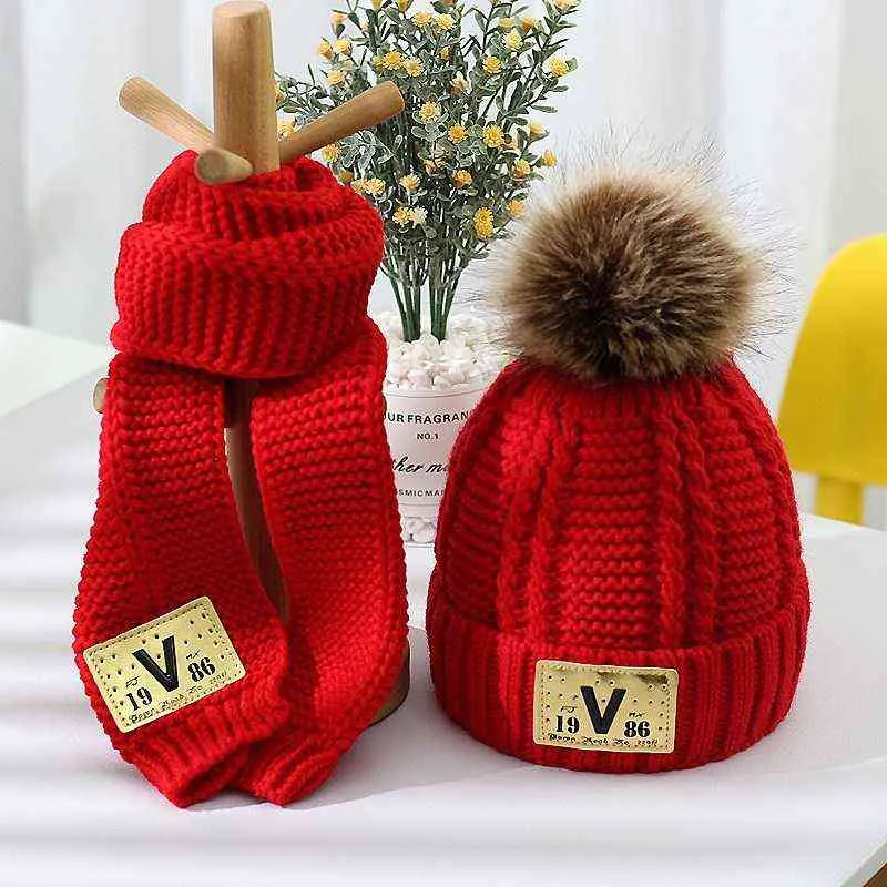Детская шляпа и шарф комплект комбинации мальчики девушки милый толстый стиль осень зима теплый вязание шеи шеи 2111126