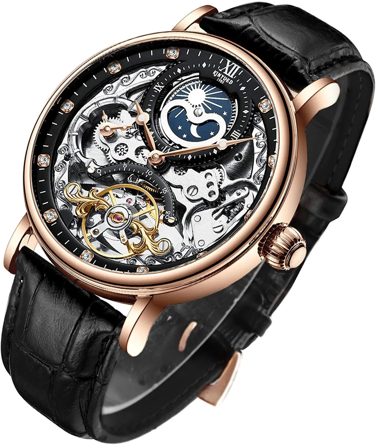 Mens Luxury Skeleton Automatic Mechanical Wrist Watches Leather Moon Phrase Luminous Hands Self-Wind Wristwatch2202