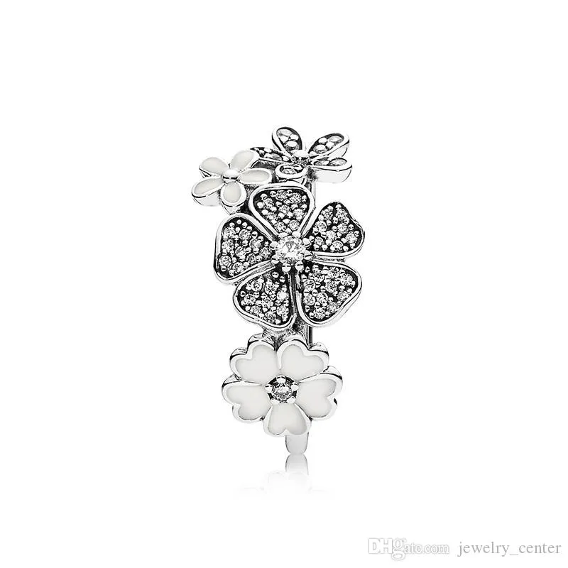 Authentic 925 Sterling Silver White enamel Flower Rings Original Box for Pandora Silver Jewelry for Women Natural crystal Wedding Ring