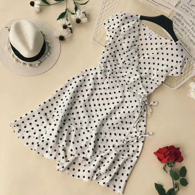 Vrouwen varen bloemen polka dot zomer jurk sexy v nek wrap jurk slanke taille elegant boho ruffles strand korte jurk vestido 210303