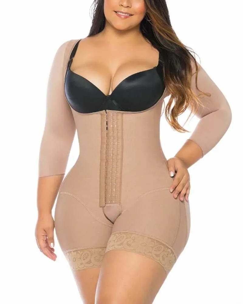 Women's Shapewear Hook And Eye Closure Breast Support Tummy Control Long Sleeve Triangle Bodysuit Bodyshaper