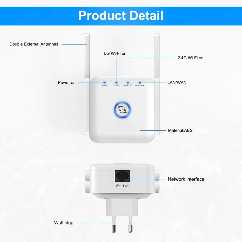 5G Wi -Fi WiFi Repeter Wi -Fi Amplificador Wi -Fi Rede Extender WiFi Booster 1200m Repetidor sem fio 5GHz Wi Fi 5 GHZ8024287