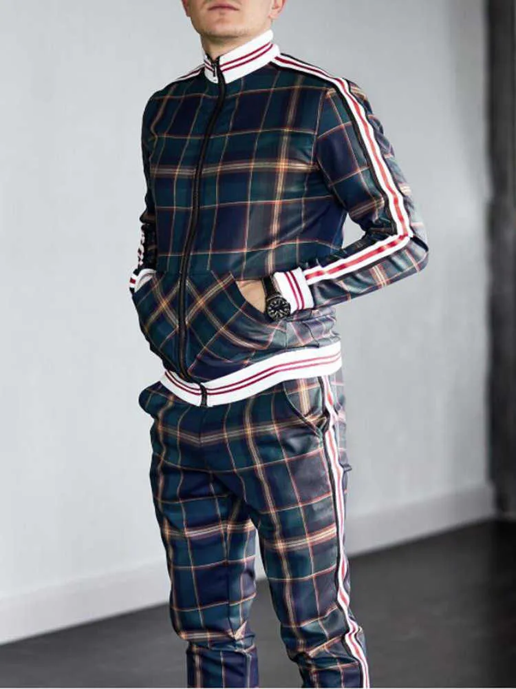 2021 Vår Höst Nya Män Tunna Sektion Mode Trend Slim Plaid High Street Sport Standup Collar Zipper Jacket två-bitars kostym x0610