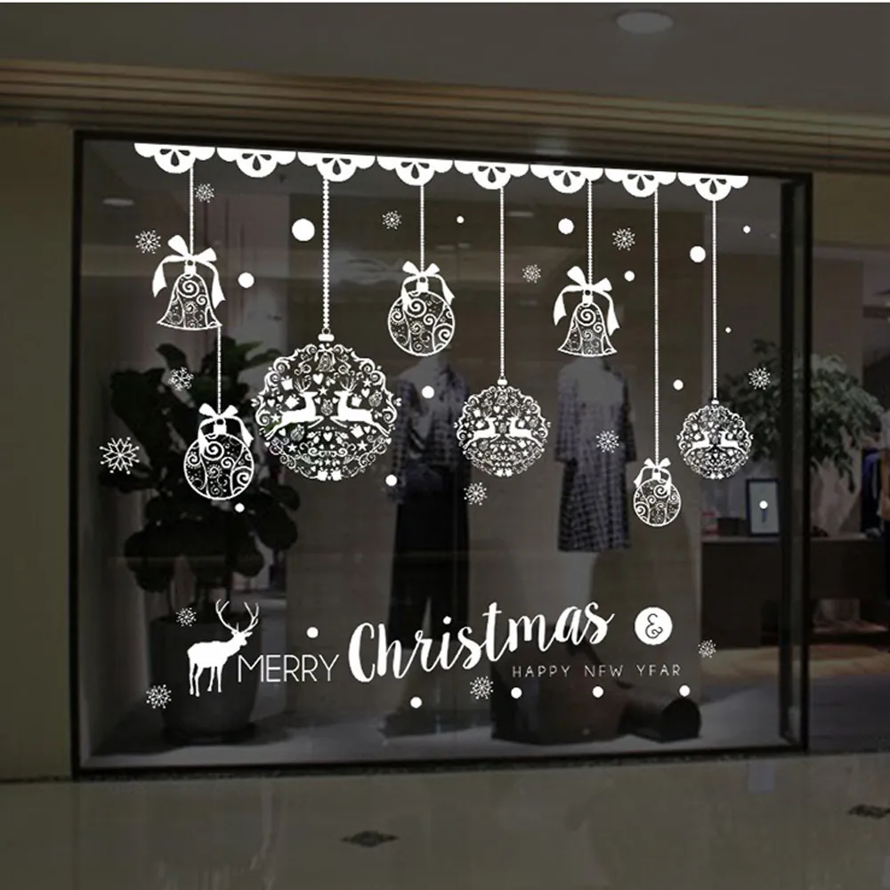 Christmas Shop Window Decoration Wall Removable Stickers Bells Deer Home Supplies Y201020