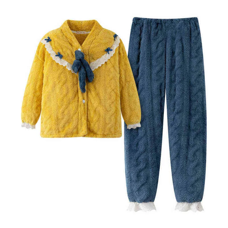 冬の暖かいフランネルの女性のパジャマを設定厚いサンゴのベルベット長袖フリース寝室ホームスーツレディーステリーナイトウェアピジャマ211211