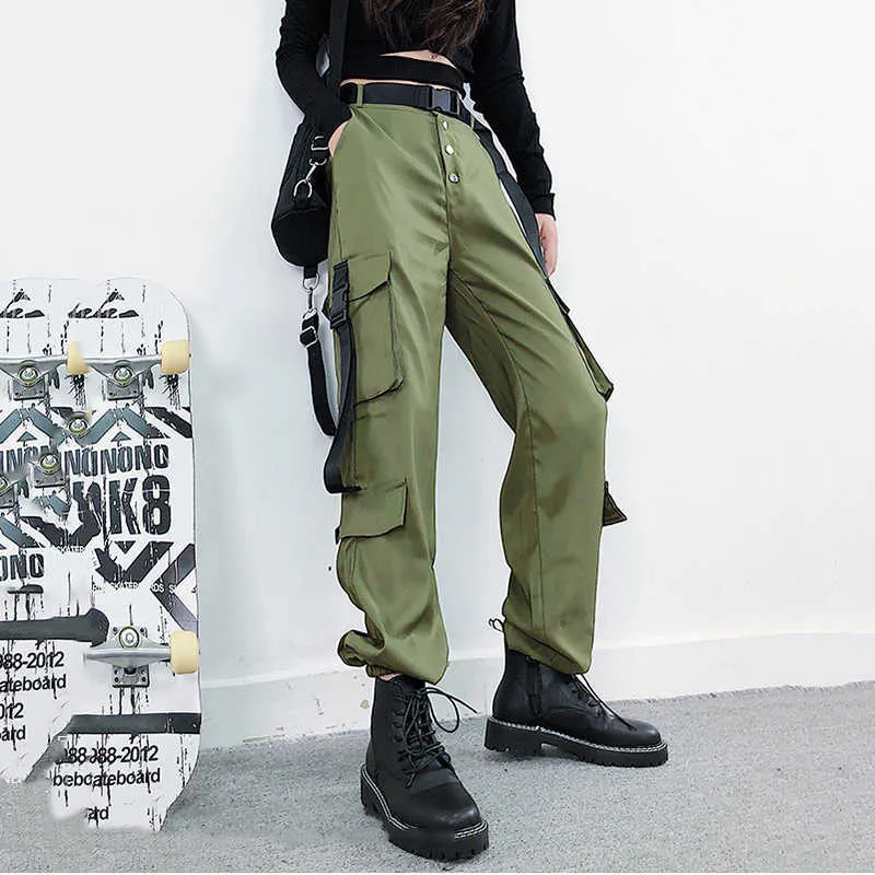 Automne armée vert décontracté Cargo pantalon taille haute poche Streetwear ample survêtement 210531